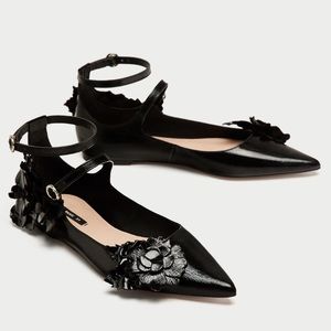 Zara Leather Ballerinas Shoes With floral details
